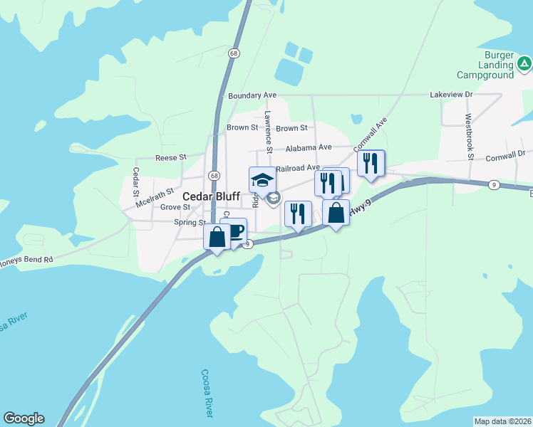map of restaurants, bars, coffee shops, grocery stores, and more near 3655 Old Highway 9 in Cedar Bluff