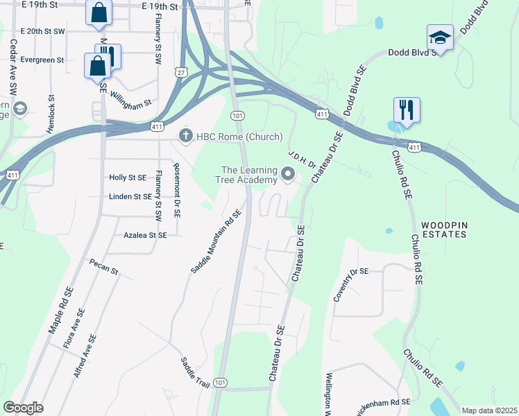 map of restaurants, bars, coffee shops, grocery stores, and more near Eastland Court Southeast in Rome
