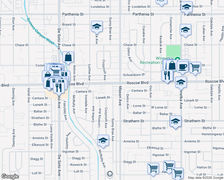 map of restaurants, bars, coffee shops, grocery stores, and more near 20550 Roscoe Boulevard in Los Angeles