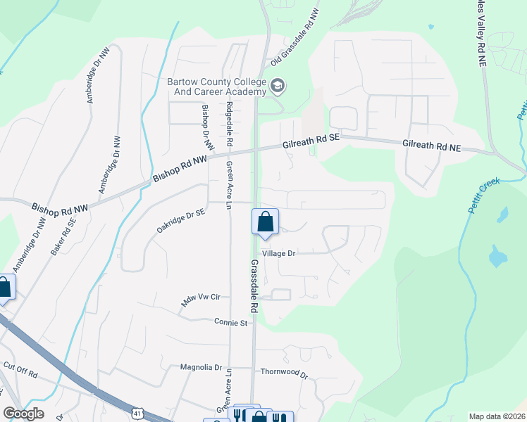 map of restaurants, bars, coffee shops, grocery stores, and more near 534 Grassdale Road in Cartersville