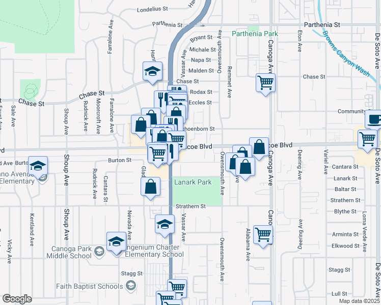 map of restaurants, bars, coffee shops, grocery stores, and more near 21834 Roscoe Boulevard in Los Angeles