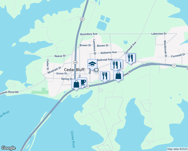 map of restaurants, bars, coffee shops, grocery stores, and more near 3655 Old Highway 9 in Cedar Bluff