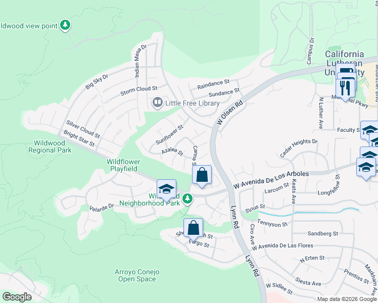 map of restaurants, bars, coffee shops, grocery stores, and more near 2920 Hyacinth Court in Thousand Oaks