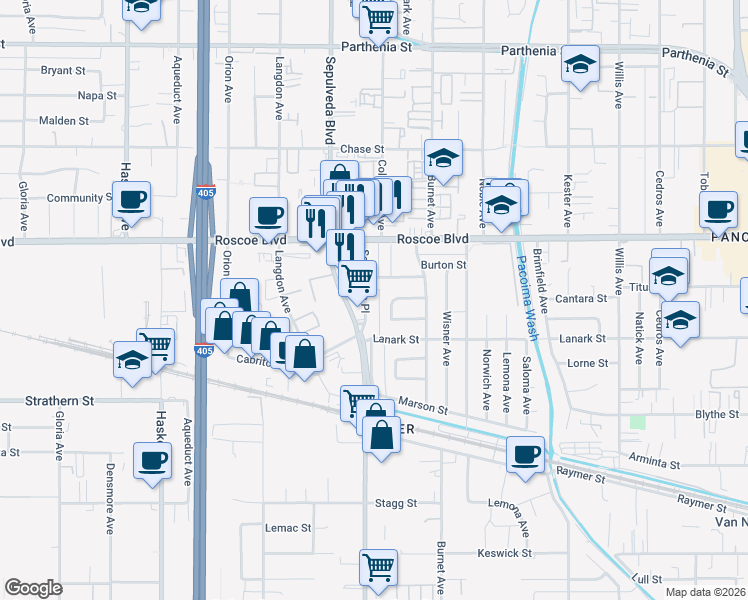 map of restaurants, bars, coffee shops, grocery stores, and more near 8144 Sepulveda Boulevard in Los Angeles