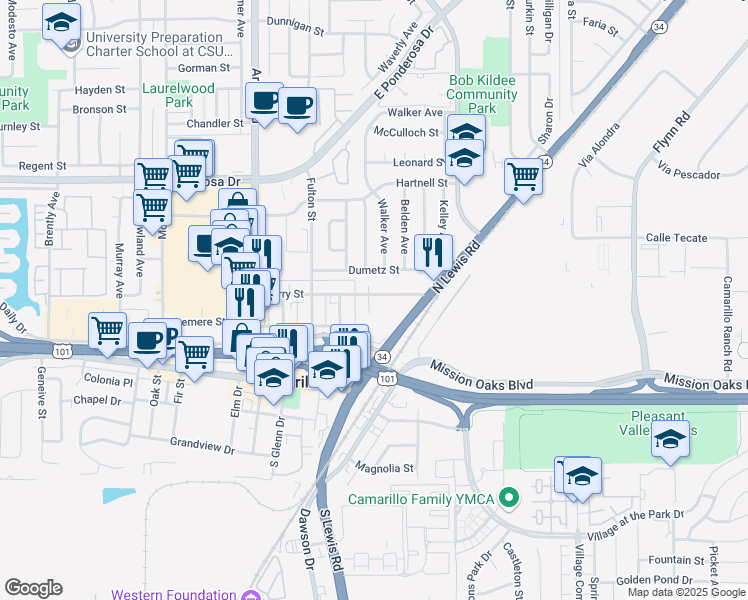 map of restaurants, bars, coffee shops, grocery stores, and more near 2710 Barry Street in Camarillo