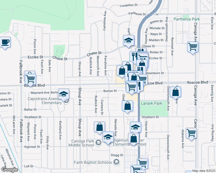 map of restaurants, bars, coffee shops, grocery stores, and more near 22202 Roscoe Boulevard in Los Angeles