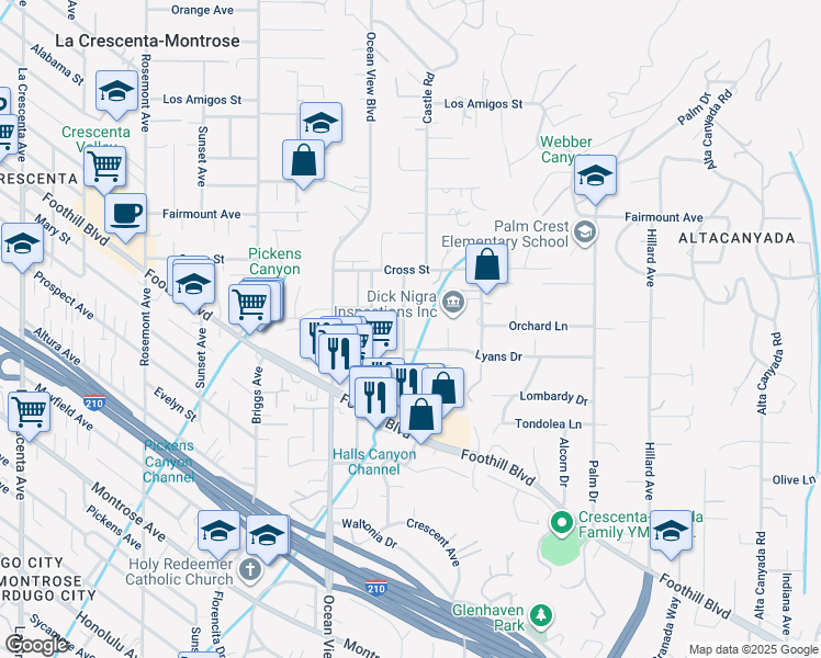 map of restaurants, bars, coffee shops, grocery stores, and more near 4616 Castle Road in La Cañada Flintridge