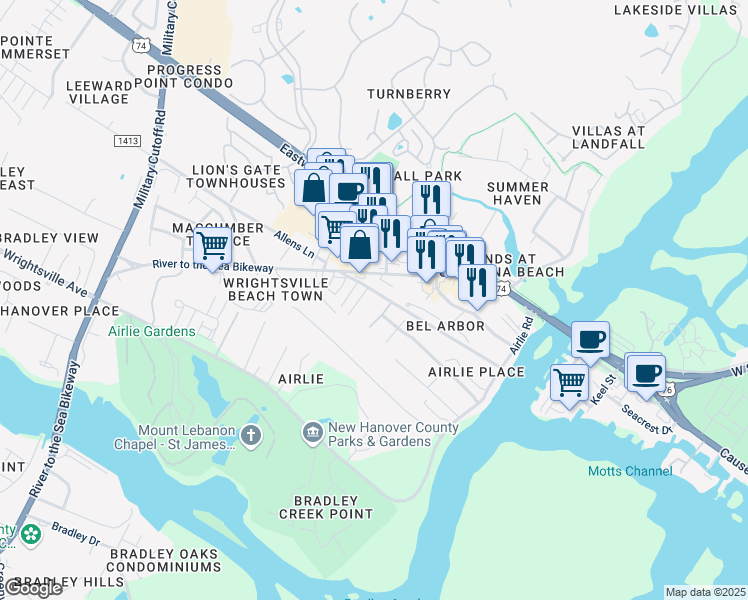 map of restaurants, bars, coffee shops, grocery stores, and more near 2130 Allens Lane in Wilmington