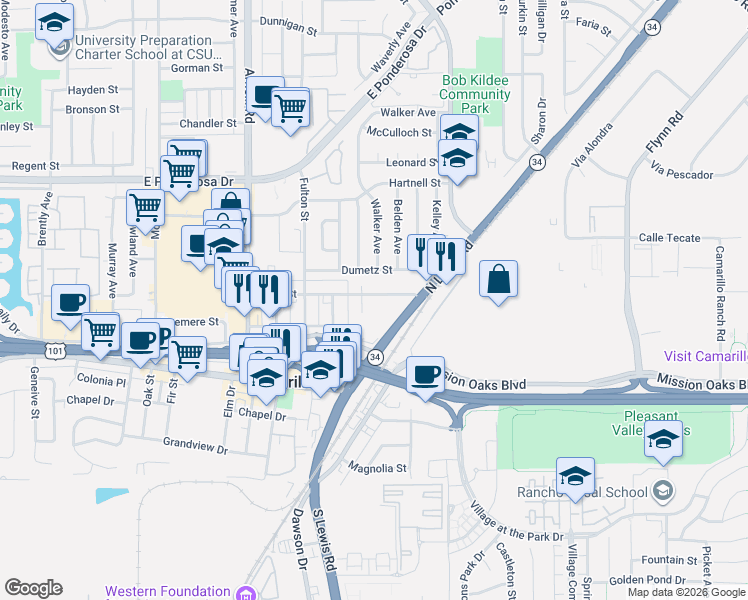map of restaurants, bars, coffee shops, grocery stores, and more near 2722 Barry Street in Camarillo
