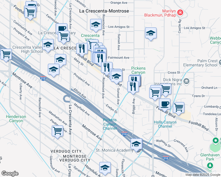 map of restaurants, bars, coffee shops, grocery stores, and more near 2528 Mary Street in La Crescenta-Montrose
