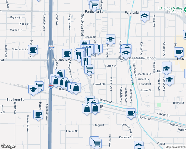map of restaurants, bars, coffee shops, grocery stores, and more near 8144 Sepulveda Place in Los Angeles