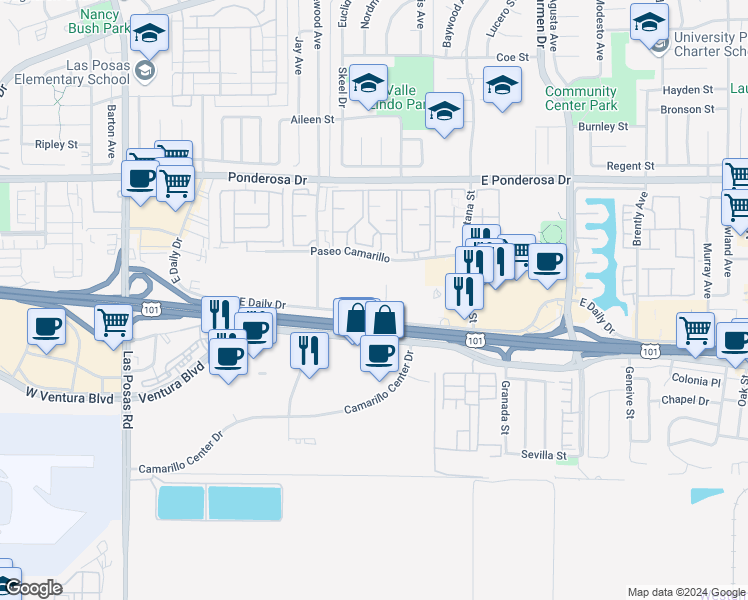 map of restaurants, bars, coffee shops, grocery stores, and more near 751 East Daily Drive in Camarillo