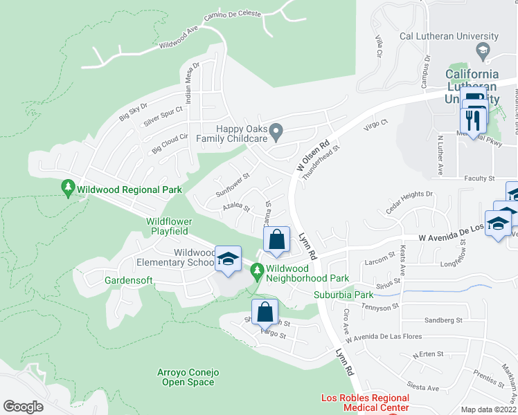 map of restaurants, bars, coffee shops, grocery stores, and more near 2920 Hyacinth Court in Thousand Oaks