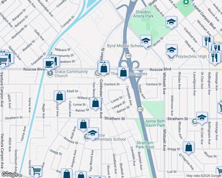 map of restaurants, bars, coffee shops, grocery stores, and more near 12832 Cantara Street in Los Angeles