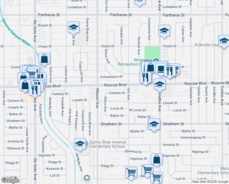 map of restaurants, bars, coffee shops, grocery stores, and more near 20409 Cantara Street in Los Angeles