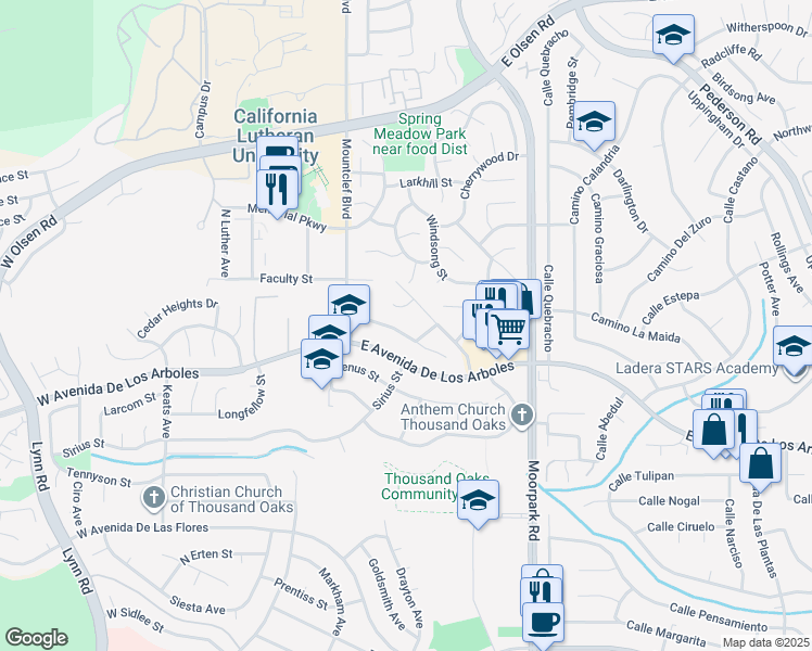 map of restaurants, bars, coffee shops, grocery stores, and more near 64 Dovetail Court in Thousand Oaks