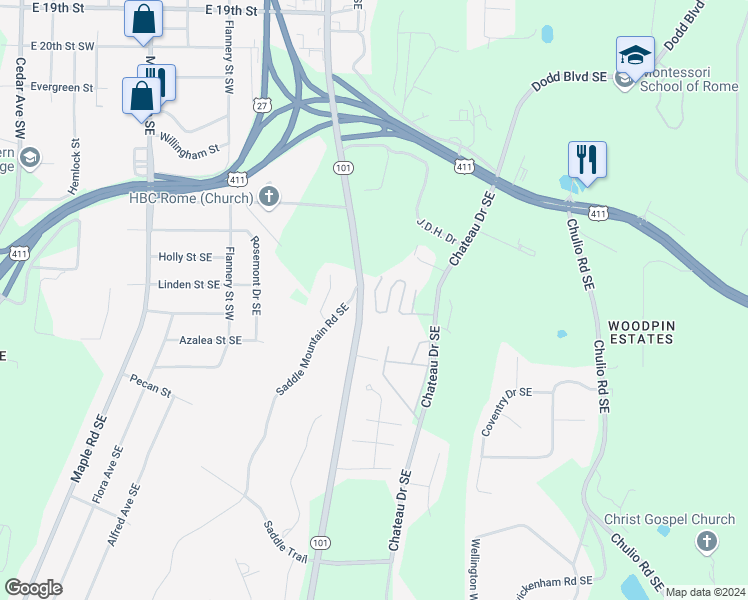 map of restaurants, bars, coffee shops, grocery stores, and more near Eastland Court Southeast in Rome