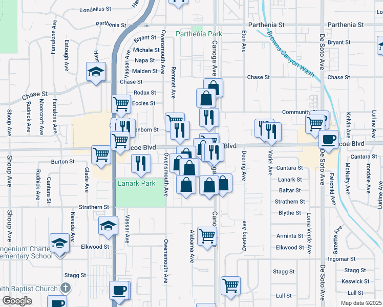 map of restaurants, bars, coffee shops, grocery stores, and more near 21510 Roscoe Boulevard in Los Angeles