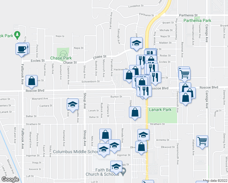 map of restaurants, bars, coffee shops, grocery stores, and more near 22200 Roscoe Boulevard in Los Angeles