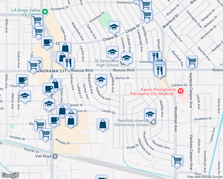 map of restaurants, bars, coffee shops, grocery stores, and more near 8153 Hazeltine Avenue in Los Angeles