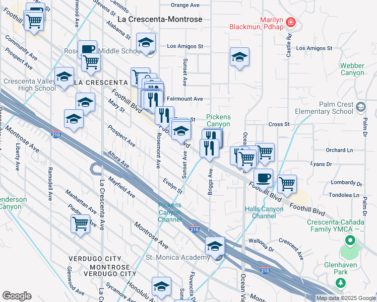 map of restaurants, bars, coffee shops, grocery stores, and more near 2506 Foothill Boulevard in La Crescenta-Montrose