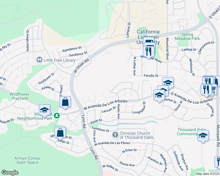 map of restaurants, bars, coffee shops, grocery stores, and more near 2900 Keats Avenue in Thousand Oaks