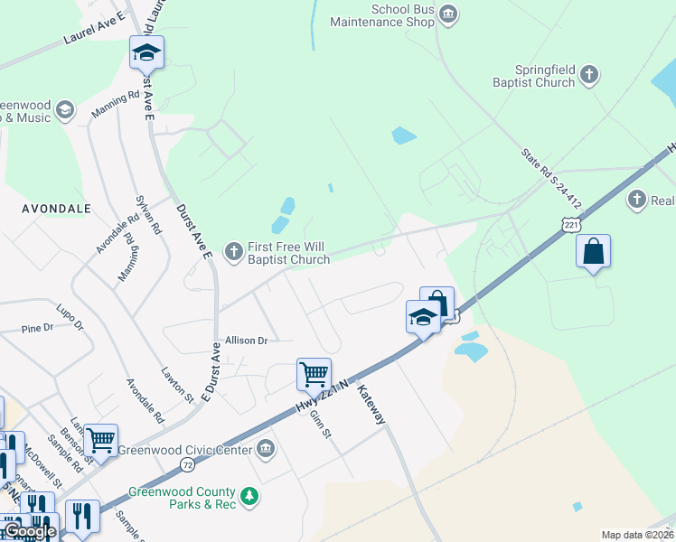 map of restaurants, bars, coffee shops, grocery stores, and more near 308 State Road S-24-51 in Greenwood