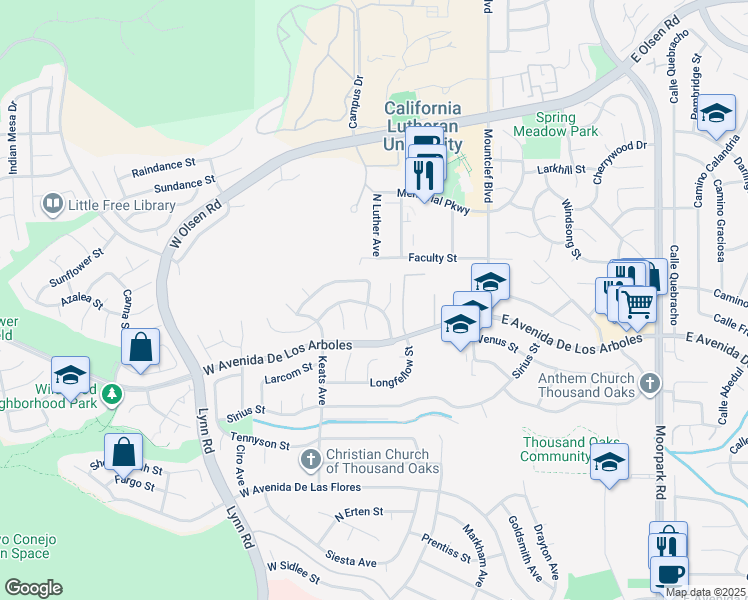 map of restaurants, bars, coffee shops, grocery stores, and more near 199 Odebolt Drive in Thousand Oaks