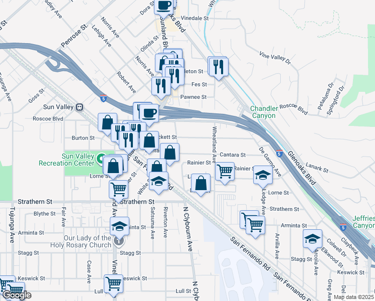 map of restaurants, bars, coffee shops, grocery stores, and more near 10717 Cantara Street in Los Angeles