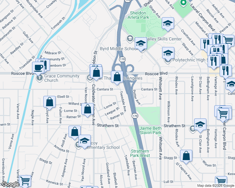 map of restaurants, bars, coffee shops, grocery stores, and more near 12773 Willard Street in Los Angeles