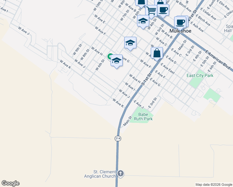 map of restaurants, bars, coffee shops, grocery stores, and more near 221 West Ave J in Muleshoe