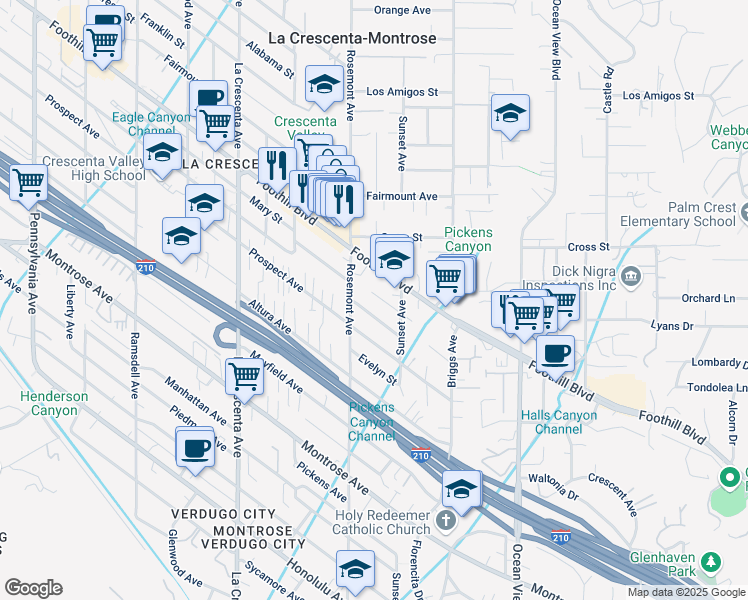 map of restaurants, bars, coffee shops, grocery stores, and more near 2528 Mary Street in La Crescenta-Montrose