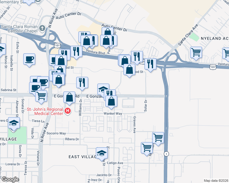 map of restaurants, bars, coffee shops, grocery stores, and more near 2001 Outlet Center Drive in Oxnard