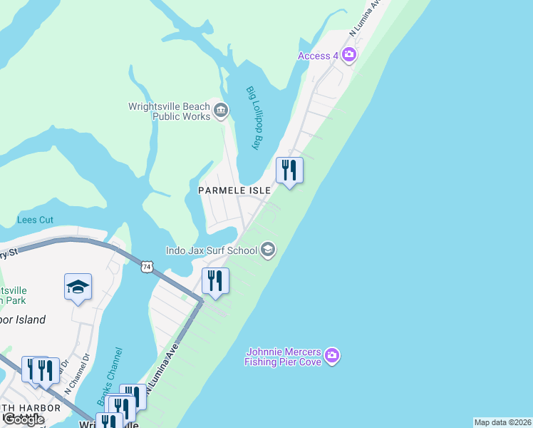 map of restaurants, bars, coffee shops, grocery stores, and more near 9 Sea Oats Lane in Wrightsville Beach