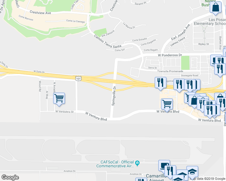 map of restaurants, bars, coffee shops, grocery stores, and more near Springville Drive in Camarillo