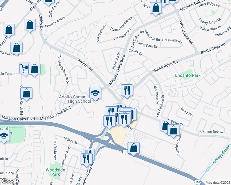 map of restaurants, bars, coffee shops, grocery stores, and more near 411 Estancia Place in Camarillo