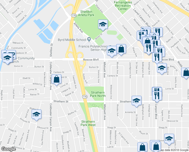 map of restaurants, bars, coffee shops, grocery stores, and more near 12551 Willard Street in Los Angeles