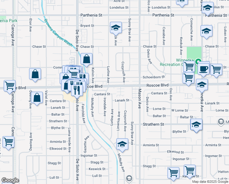 map of restaurants, bars, coffee shops, grocery stores, and more near 20633 Cantara Street in Los Angeles