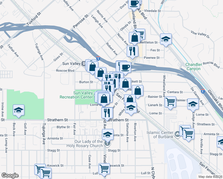 map of restaurants, bars, coffee shops, grocery stores, and more near Cantara St & San Fernando Rd in Los Angeles