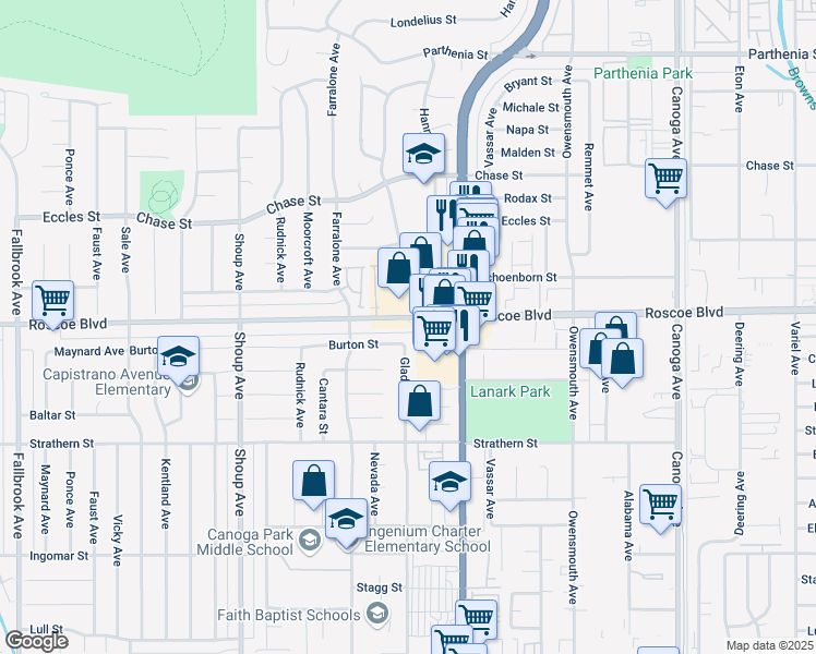 map of restaurants, bars, coffee shops, grocery stores, and more near 22110 Roscoe Boulevard in Los Angeles