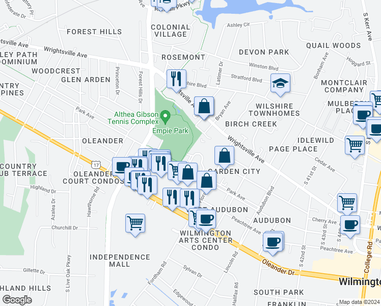 map of restaurants, bars, coffee shops, grocery stores, and more near 3619 Saint Johns Court in Wilmington