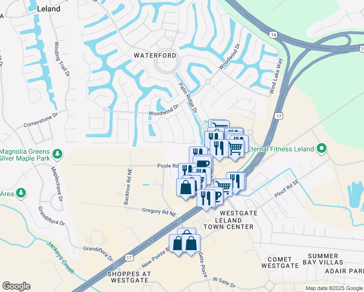 map of restaurants, bars, coffee shops, grocery stores, and more near 1050 Garden Club Way in Leland