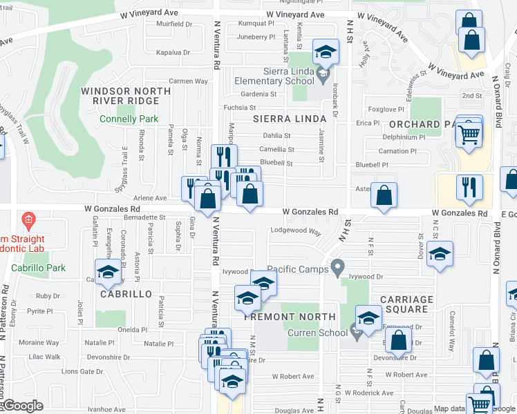 map of restaurants, bars, coffee shops, grocery stores, and more near 1253 West Gonzales Road in Oxnard