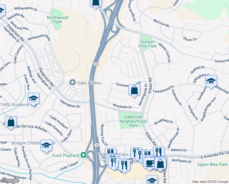 map of restaurants, bars, coffee shops, grocery stores, and more near 1734 Alderwood Place in Thousand Oaks