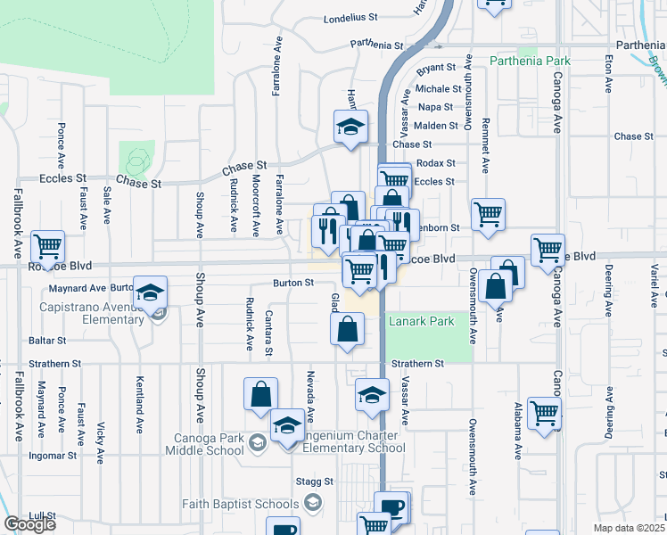 map of restaurants, bars, coffee shops, grocery stores, and more near 22110 Roscoe Boulevard in Los Angeles