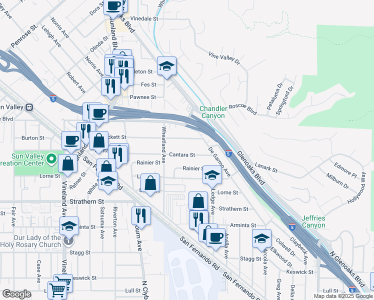 map of restaurants, bars, coffee shops, grocery stores, and more near 10501 Cantara Street in Los Angeles