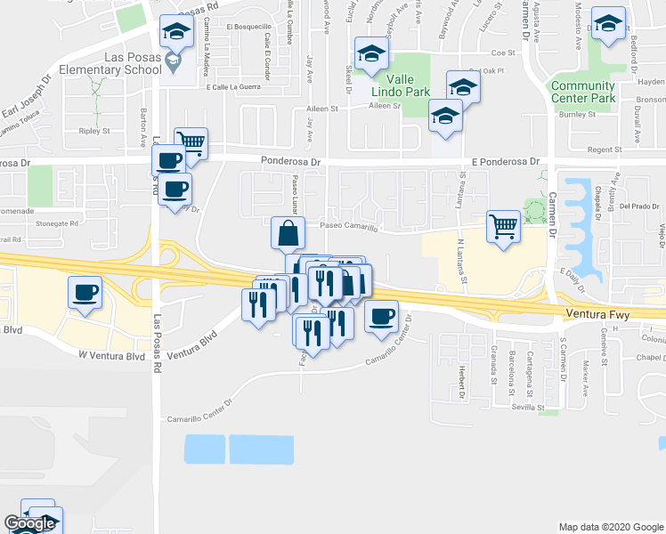 map of restaurants, bars, coffee shops, grocery stores, and more near 340 Rosewood Avenue in Camarillo