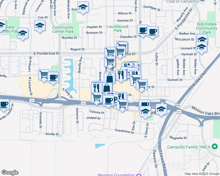 map of restaurants, bars, coffee shops, grocery stores, and more near 295 Mobil Avenue in Camarillo