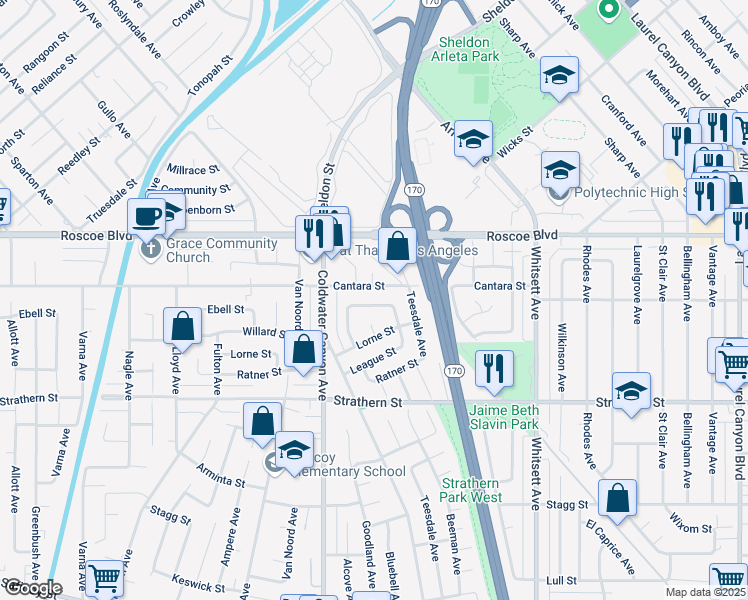 map of restaurants, bars, coffee shops, grocery stores, and more near 12777 Willard Street in Los Angeles