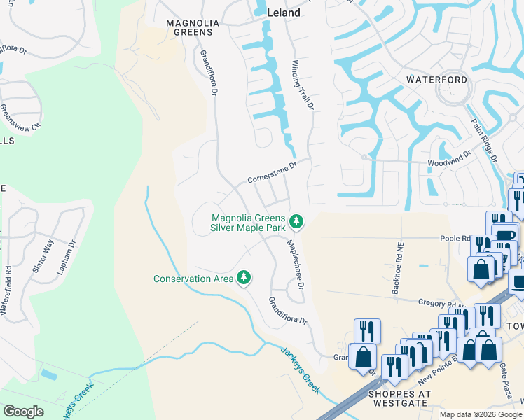 map of restaurants, bars, coffee shops, grocery stores, and more near 1014 Cordgrass Lane in Leland